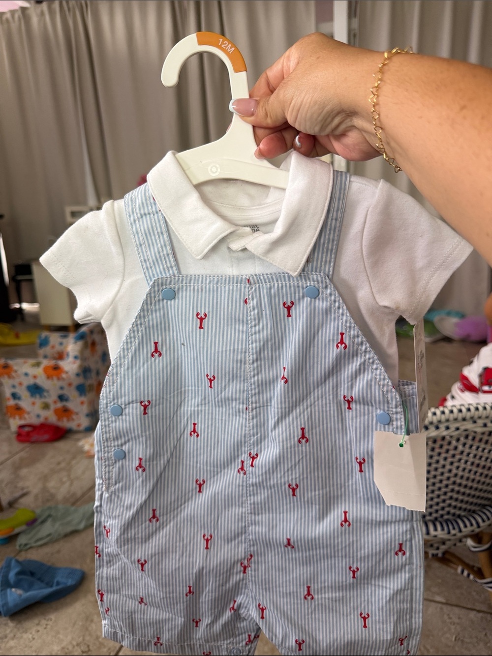 Striped Blue Shortall with Red Lobster Print - Kids Accessories